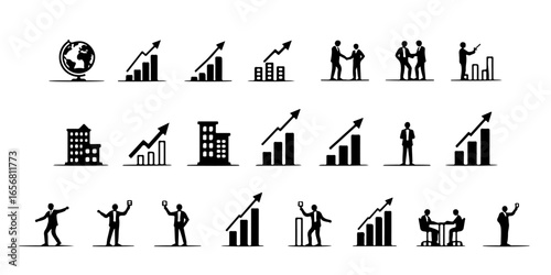Silhouette Set of Stock market trading icons including candlestick charts, bulls and bears, trading screens, and currency exchange arrows