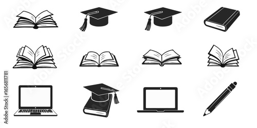Silhouette Set of Education and online learning icons with open books, graduation caps, chalkboards, laptops, and pencils