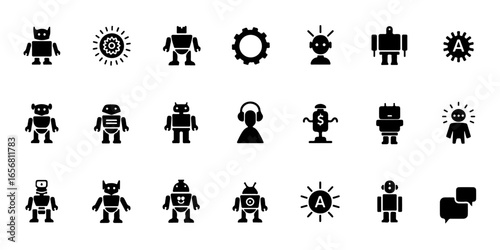 Silhouette Set of AI technology and robotics icons with robots, gears, neural networks, circuit boards, and smart assistants