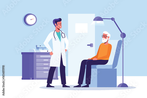 Doctor consults senior patient in modern clinic. Professional male physician provides medical advice and compassionate healthcare. Vector illustration of patient care.