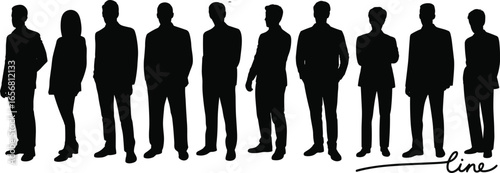Silhouette of Business People Standing in Line, Men and Women in Formal Attire, Corporate Team, Leadership, Unity, Workforce Concept