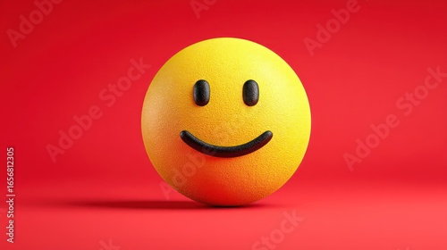 A cheerful, three-dimensional emoji smiley face, positioned centrally against a vibrant red background, radiates positive energy and joy.