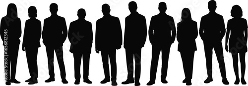 Silhouette of Business People Standing in Line, Men and Women in Formal Attire, Corporate Team, Leadership, Unity, Workforce Concept