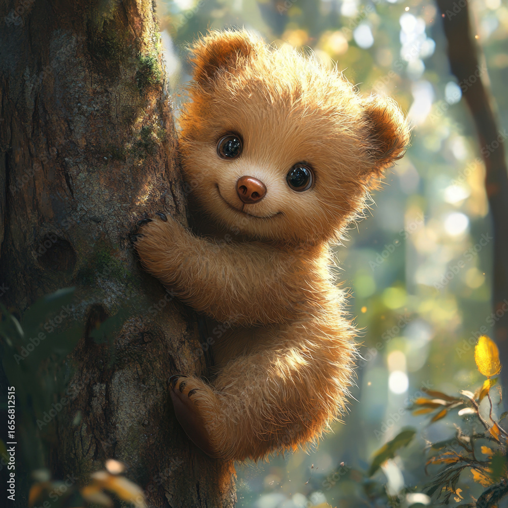 Fototapeta premium Teddy bear climbing tree.