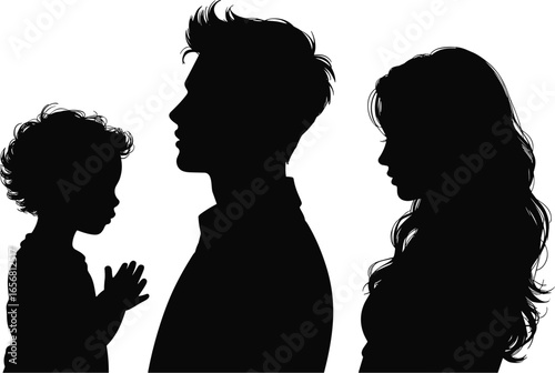 Silhouette of Family Members in Profile View, Child, Man, and Woman, Isolated on White Background, Unity, Love, Togetherness Concept
