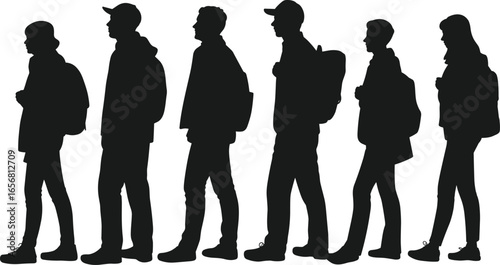 Silhouette of Students with Backpacks Standing in Line, Teenagers in Casual Outfits, Isolated on White, Education and School Concept