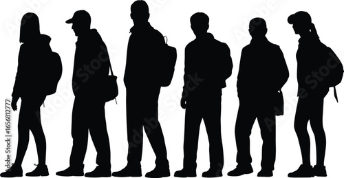 Silhouette of Students with Backpacks Standing in Line, Teenagers in Casual Outfits, Isolated on White, Education and School Concept