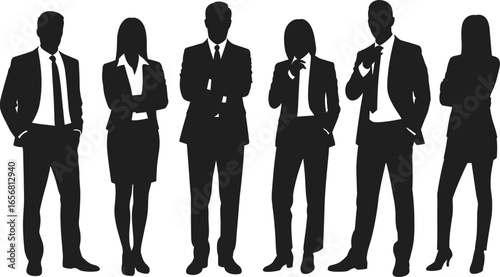 Silhouettes of Business Team Standing in Formal Attire, Isolated on White Background, Urban Office Concept, Leadership and Corporate Success