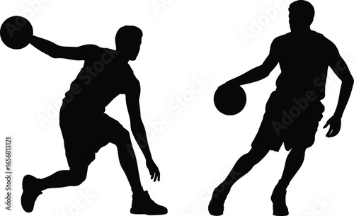 Silhouettes of Two Basketball Players in Action, Dribbling and Guarding, Isolated on White Background, Perfect for Sports Design Concepts