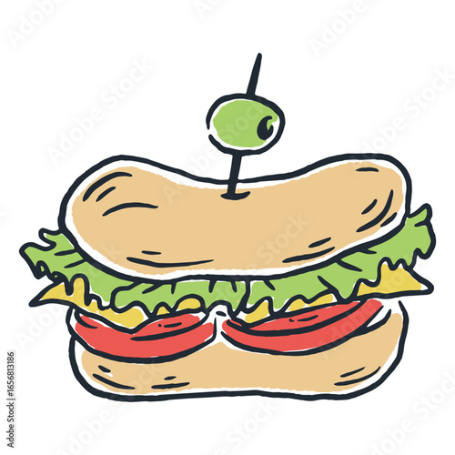 Sandwich with vegetables and a green olive