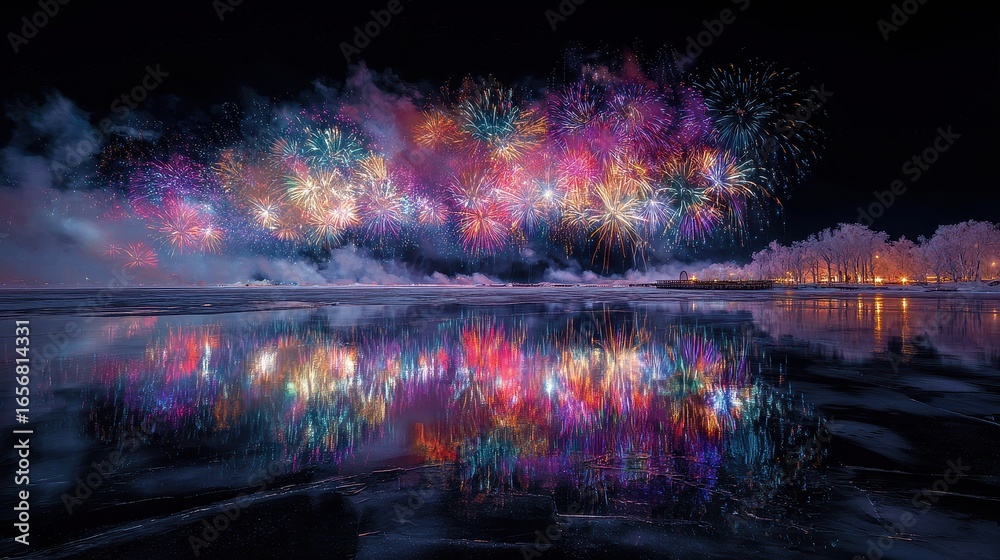 Fototapeta premium Vibrant fireworks reflected in frozen lake surface, serene winter New Year scene.