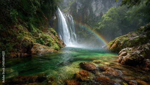Lush waterfall cascading into a crystal-clear pool, framed by vibrant greenery