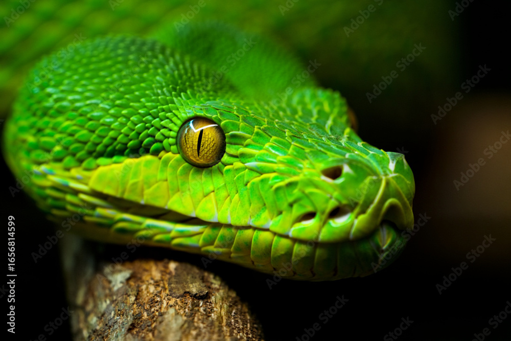Fototapeta premium Close up of Vibrant Green Pit Viper with Intense Golden Eye Wildlife Photography Detailed Scales and Exotic Beauty