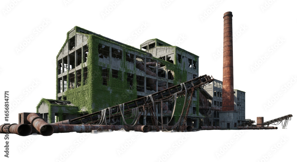 Obraz premium Crumbling industrial ruin, grey concrete factories, exposed rebar, dense ivy, rusted smokestack, pipes, reflected in oily black canal, isolated against white, concept of environmental decay