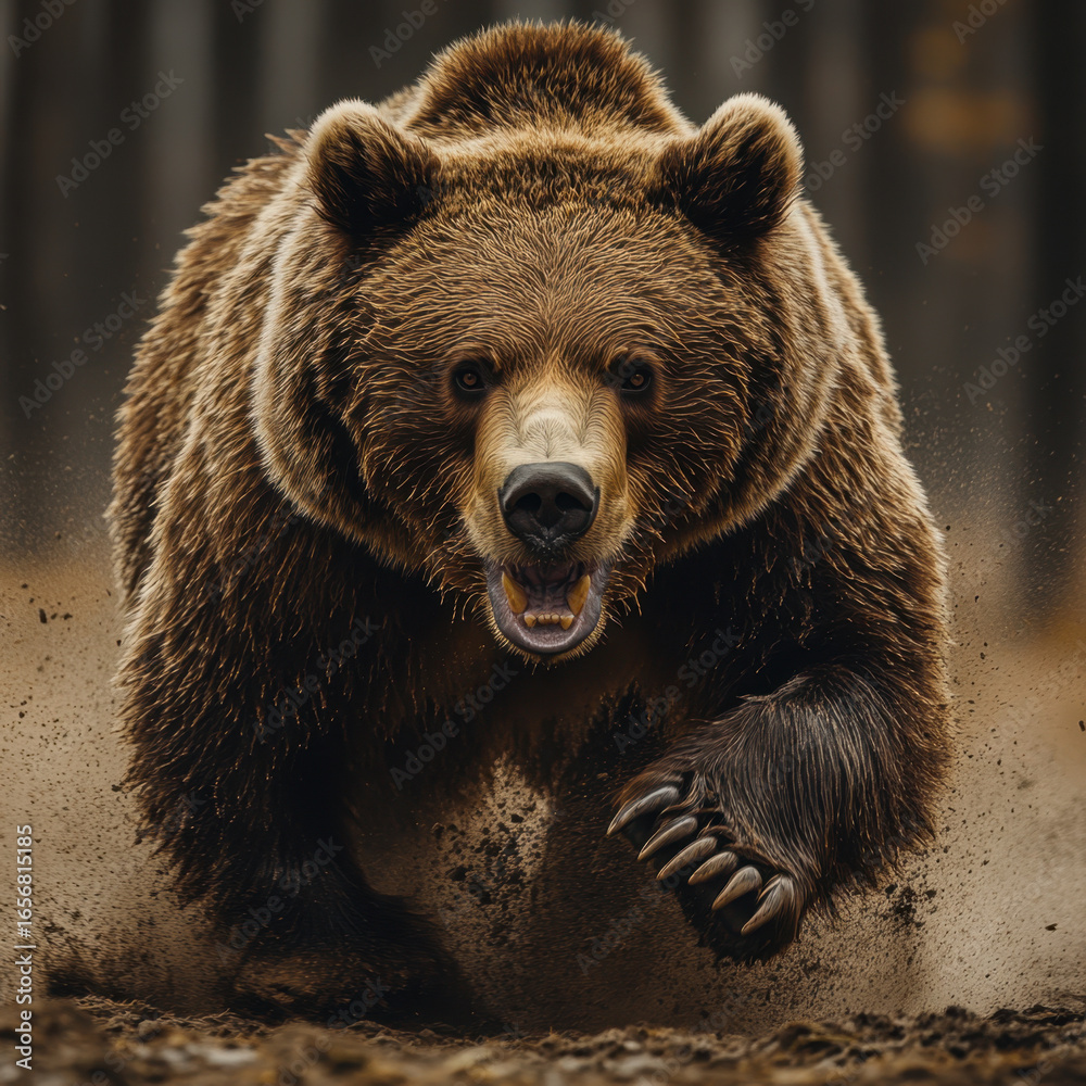 Obraz premium Brown bear running through mud.