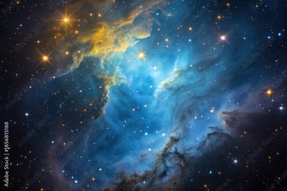 Obraz premium Vibrant blue and yellow nebula with distant stars