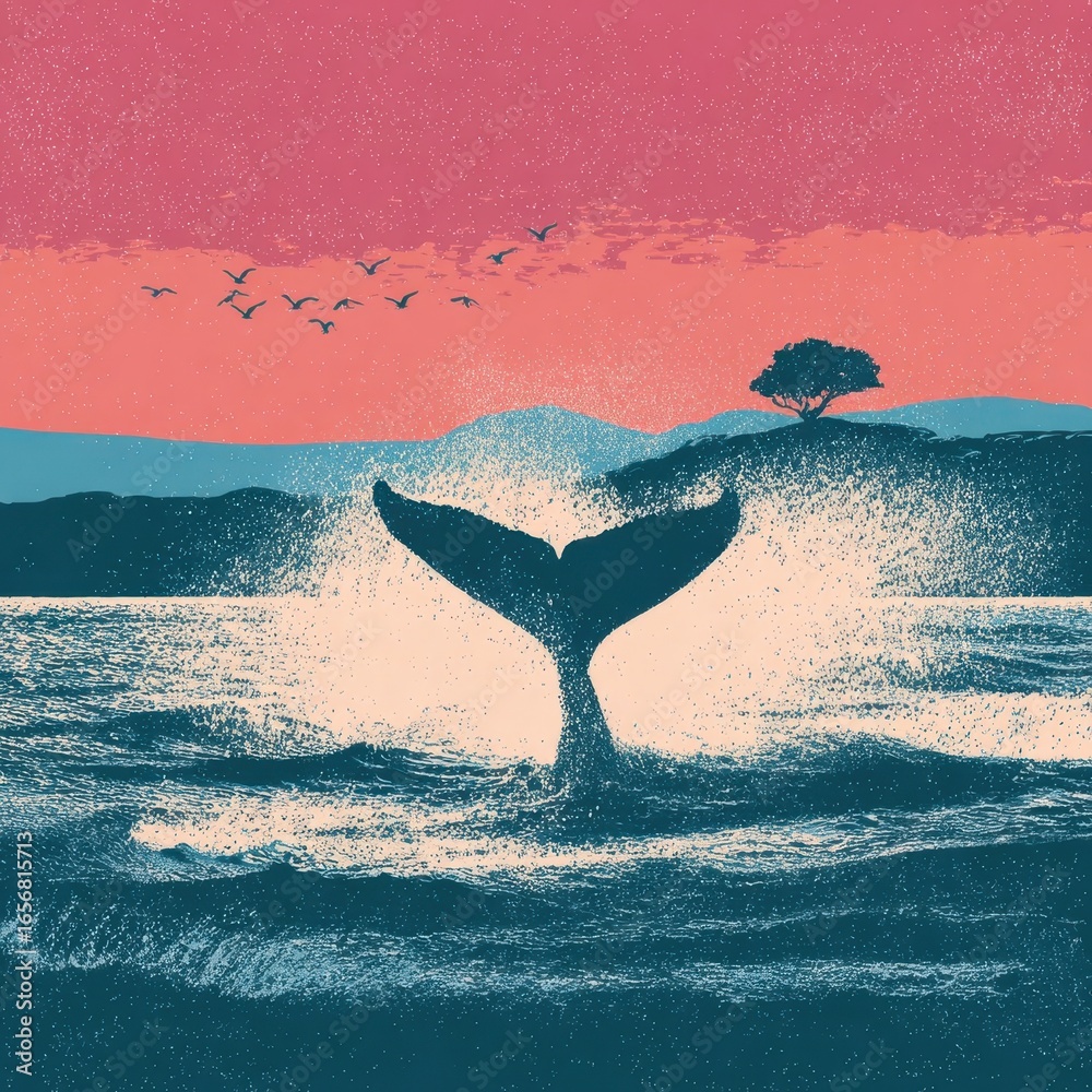 Fototapeta premium Whale tail emerging from the ocean at sunset.
