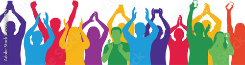 Colorful cheering clapping crowd silhouette at a concert, nightclub, party editable vector illustration 