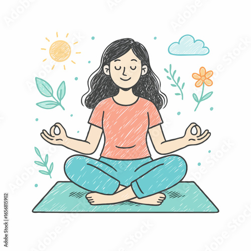 Woman meditating in lotus position with nature elements around