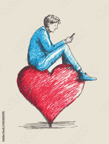 Man on heart absorbed in technology and social media world