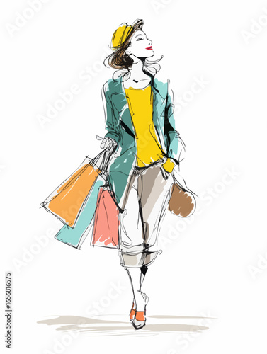 Stylish woman with shopping bags fashion illustration sketch