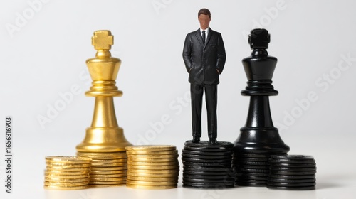 A businessman stands between a golden chess piece and a black one, symbolizing strategy, competition, and decision-making in finance.