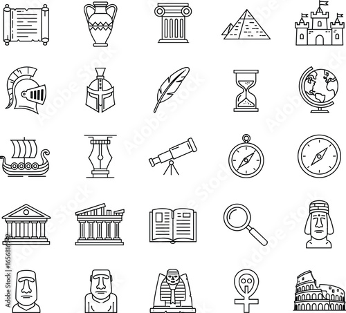 Ancient history and archaeology icons, Greek columns, pyramids, castles, helmets, telescopes, statues, manuscripts, compasses, exploration symbols