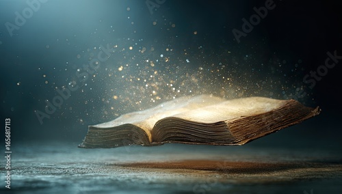 Ancient book floating in mystical light