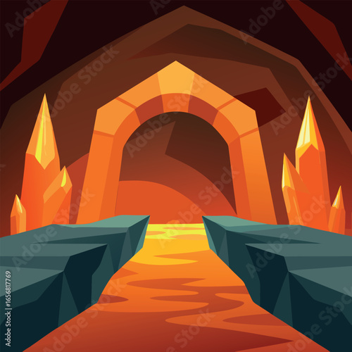 Glowing crystal bridge arches over fiery lava river landscape