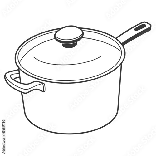 Vector illustration of a stainless steel saucepan with a glass lid and red handle, isolated on white