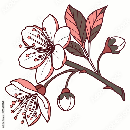 Vintage seamless floral vector illustration with a branch of a cherry tree, an apple tree, and other decorative plants, with leaves and flowers