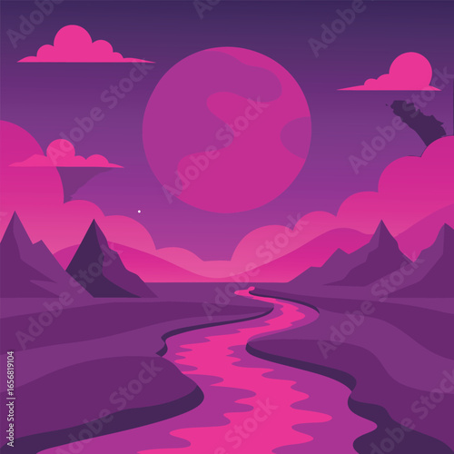 Surreal landscape bathed in vibrant magenta and colorful hues