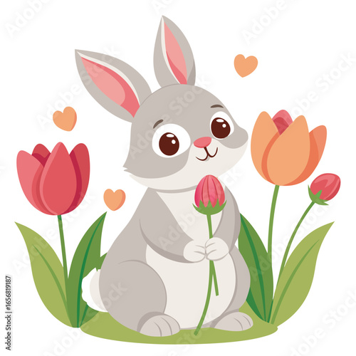 Adorable bunny eating tulips on a white background springtime illustration