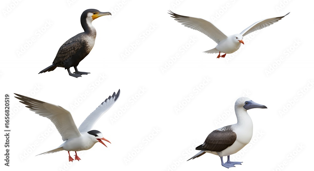 Fototapeta premium Four seabirds isolated against white background