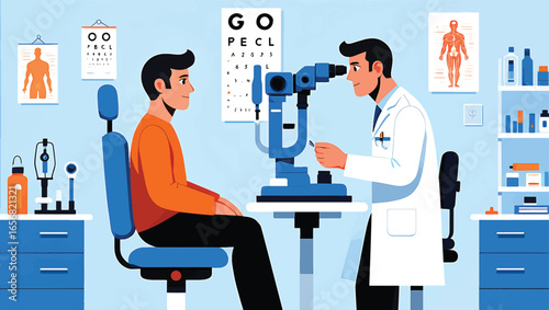 Eye Exam Doctor Examining Patient's Eyes with Specialized Equipment in a Clinic