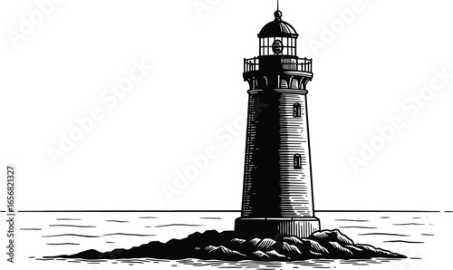 Lighthouse on Rocky Coastline Illustration in Black and White Silhouette on Transparent Background lighthouse rocky coastline black white silhouette style This image has transparent background