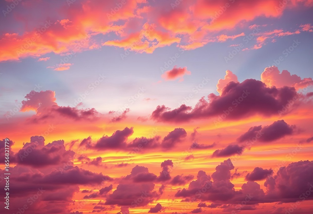 Fototapeta premium Cartoon sunset sky, vibrant orange, pink, purple hues, fluffy clouds, joyful, vector