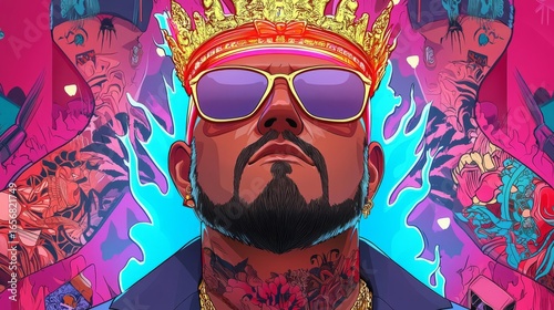 Vibrant illustration of a king figure adorned with tattoos and sunglasses, exuding confidence and flair.