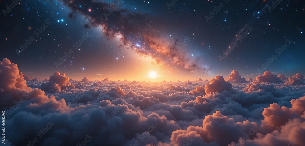 Fototapeta premium Seamless looped repetitive animation flight through deep space. Colorful starry night sky outer space background. Journey through the Milky Way to distant galaxies and constellations.