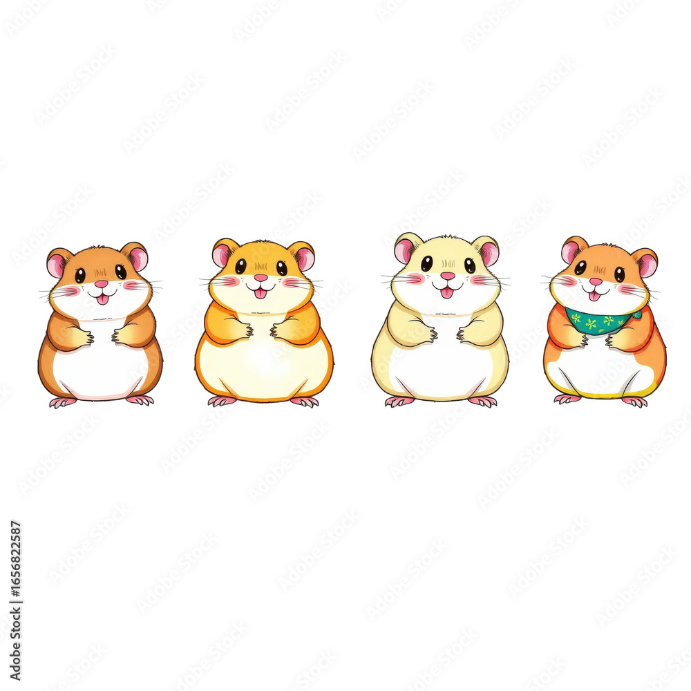 Obraz premium Cartoon hamsters in various poses with bright colors and cheerful expressions 