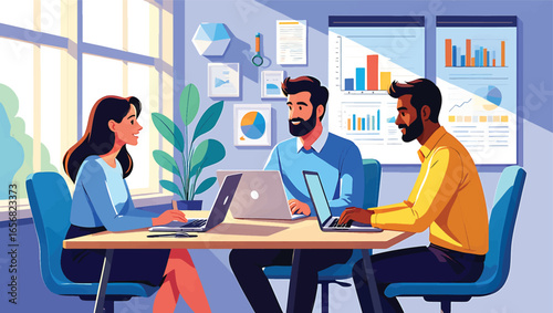 Diverse business team collaborating in a modern office, analyzing data charts and graphs on laptops. Vector illustration.