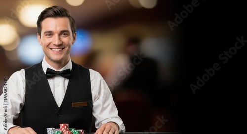 Happy caucasian man dressed as a croupier at a casino table. Professional male dealer with poker chips. Entertainment industry backdrop.