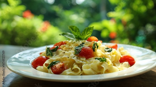 Delicious Tagliatelle Pasta with Cherry Tomatoes and Basil, Fresh Summer Food Photography