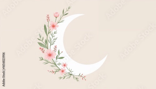 Floral crescent moon decoration with pastel background  
