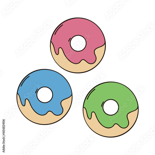 Three colorful donuts with pink blue and green icing on a white background food sweet 1