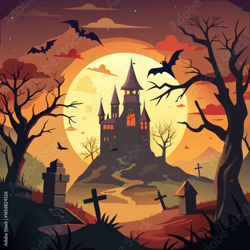 Spooky halloween castle on a hill with a full moon and bats flying