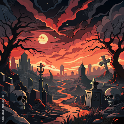 Eerie halloween landscape with skulls crosses and a fiery sunset sky