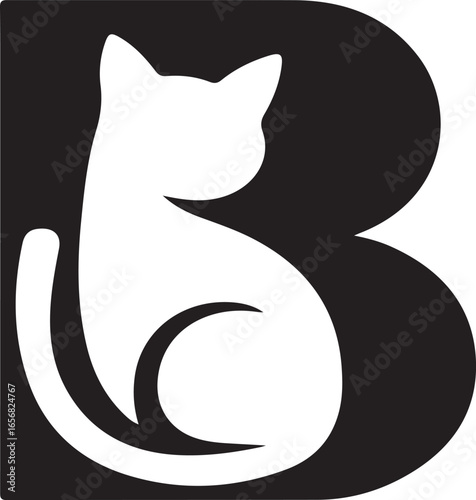 White Cat Silhouette Sitting Inside a Black Letter B Logo Design kitten feline