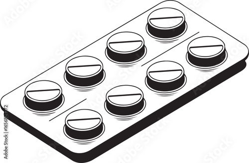 Black And White Illustration Of A Blister Pack With Eight Pills medicine health