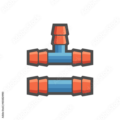 Agricultural PE pipe fitting vector icon, illustrating connection of PE pipe and hose joint by friction. Used in irrigation systems, water supply lines and smart farming technology.